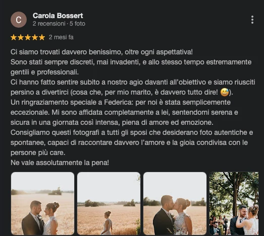 Recensione Google a 5 stelle di Carola: “Ci siamo trovati davvero benissimo, oltre ogni aspettativa!”