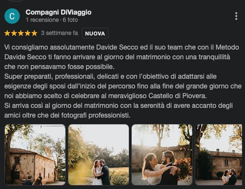 Recensione Google a 5 stelle: “Si arriva al giorno del matrimonio con la serenità di avere accanto degli amici oltre che dei fotografi professionisti.”